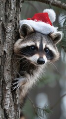 Obraz premium A mischievous raccoon wearing a Santa hat, peeking out from behind a tree 
