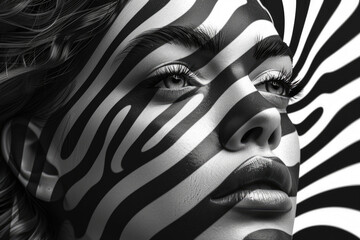 A close-up of a woman's face painted with zebra lines