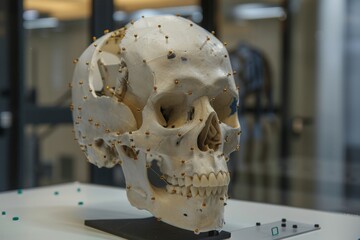 A 3D model of a human skull with facial recognition markers, Generative AI 