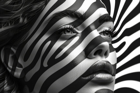A close-up of a woman's face painted with zebra lines