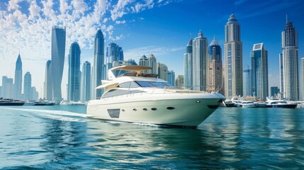 A luxurious yacht sailing along the Dubai Marina, with the modern skyscrapers creating a stunning backdrop