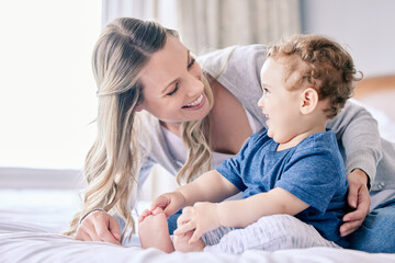 Mother, baby and boy for talking in home, childcare and support or love in bedroom. Mama, son and single parent for security or bonding on bed for connection in relationship, conversation and trust