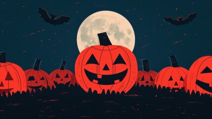Fototapeta premium Halloween illustration featuring carved pumpkins with glowing faces under a full moon with bats flying in the night sky.