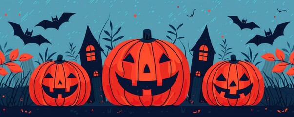 Illustration of Halloween pumpkins carved with spooky faces, with bats flying around haunted houses in the background at night.