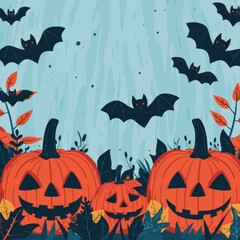 Fototapeta premium Spooky Halloween scene with carved pumpkins and bats flying at night, surrounded by autumn leaves and a starry sky.