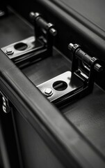 Close-up of black metal hinges attached to a black surface.