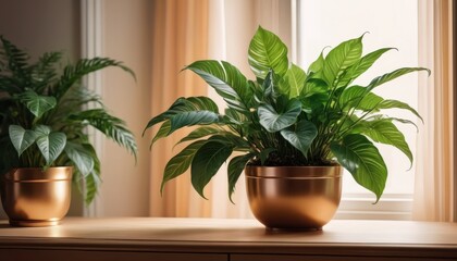 Fototapeta premium Peace Lily in a Golden Pot on a Windowsill.