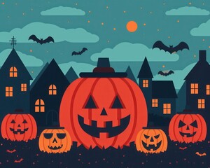 Fototapeta premium A spooky Halloween night scene with carved pumpkins, bats, and haunted houses under a moonlit sky.