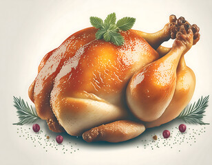 白色背景感恩节餐盘上美味的烤火鸡