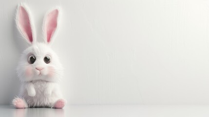 Obraz premium Cute white bunny plush toy sitting against a plain light background, perfect for Easter or children's themes.
