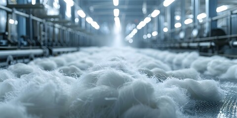 Producing white polyester FDY yarn from recycled PET chips for sustainability. Concept Recycled PET Chips, Polyester Yarn, Sustainable Manufacturing, Textile Industry, Environmental Impact