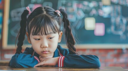 A young girl sits at a desk, resting her head on her arms, looking down