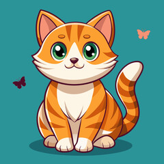 A cute and funny cartoon illustration of a happy ginger kitten with a smile, isolated on a white background