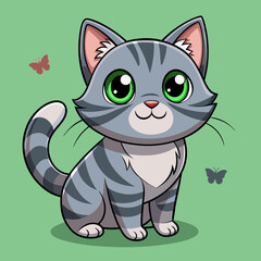 A cute, cartoon-style black kitten with a happy smile and a fun, playful design