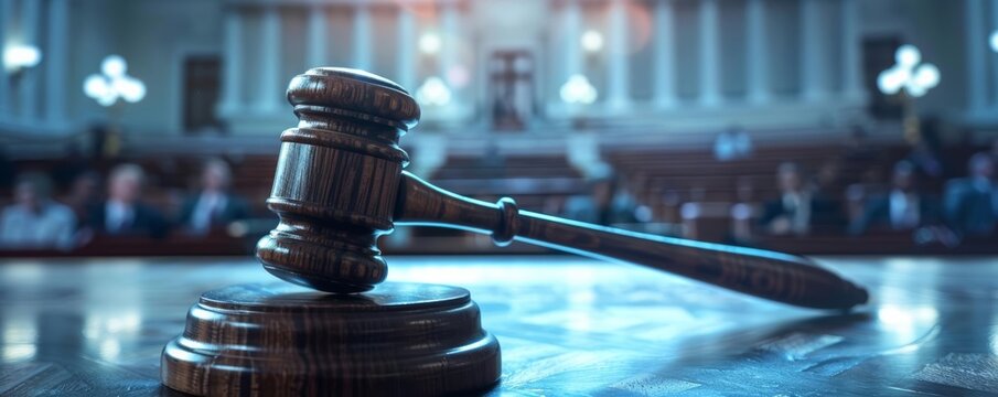 A wooden gavel rests on a block in a courtroom, with blurred figures in the background.