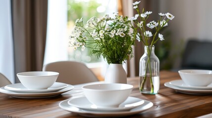 A minimalist dining table with clean lines, set with simple white plates and a single vase of fresh flowers for a touch of elegance.