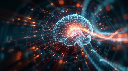 Obraz premium Digital illustration of a brain with neon lights symbolizing complex neural connections, suitable for technology and neuroscience concepts.