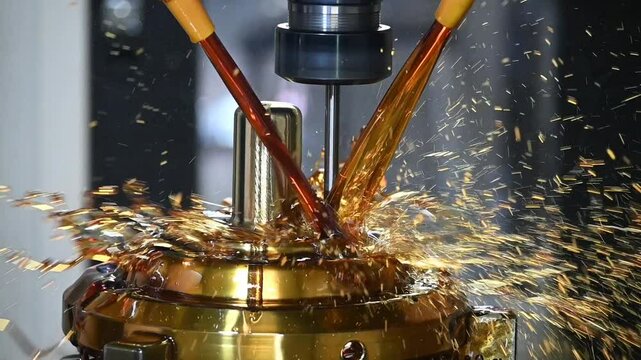 Slow motion scene the CNC milling machine cutting the shell mold parts with oil coolant method .