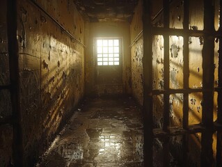 A glimpse into a desolate prison cell, with a single window casting a ray of light into the darkness.