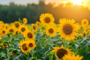 Golden Sunflowers Blooming in a Field at Sunset