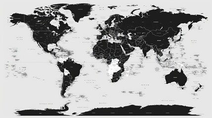 Obraz premium A minimalist world map in black and white, with clean lines and labeled continents and oceans