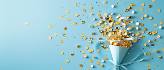 Festive confetti explosion from a blue cone on a light blue background, perfect for celebrations, parties, and festive occasions.