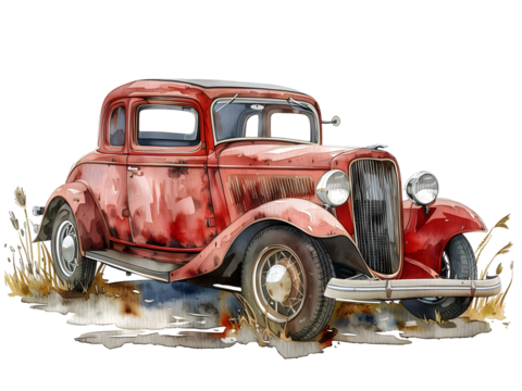 A red vintage car is parked in a field