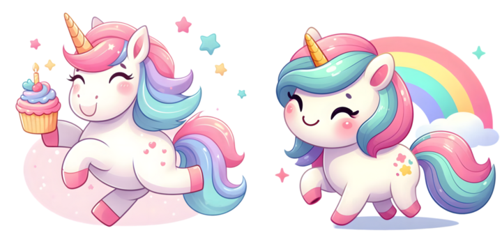 A unicorn is holding a cupcake and a rainbow - Powered by Adobe