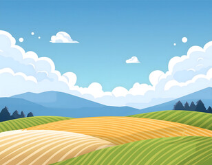 Obraz premium 夏日的蓝天白云草地卡通插画