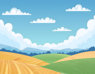 Obraz premium 夏日的蓝天白云草地卡通插画