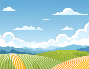 Obraz premium 夏日的蓝天白云草地卡通插画