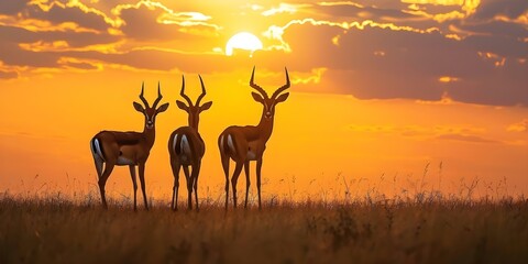 Naklejka premium Impalas with majestic horns silhouetted against golden savannah sunset in glowing sky. Concept Nature, Wildlife, Sunset, Savannah, Silhouette