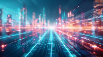 Futuristic digital city with glowing lights and high-speed data streams, representing advanced technology and innovation.
