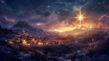 Naklejka premium A beautiful starlit night in a small desert town, illuminated by a bright star and glowing lights.