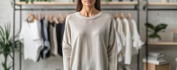 Naklejka premium Model displaying a new collection with realtime customer reviews and ratings overlay, ecommerce fashion, interactive shopping experience