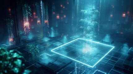 Futuristic digital landscape with glowing neon lights and sci-fi structures in a surreal, otherworldly environment.