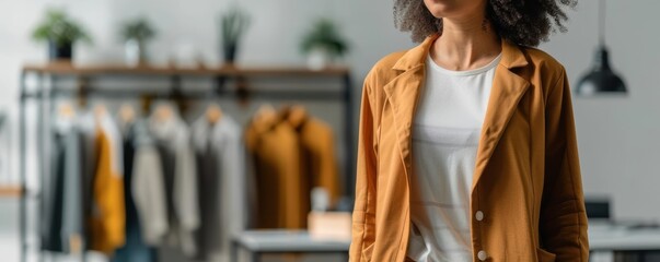 Model displaying a new collection with realtime customer reviews and ratings overlay, ecommerce fashion, interactive shopping experience