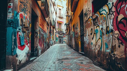 Naklejka premium A narrow alleyway in a bustling city, filled with colorful graffiti and street art, capturing urban creativity.