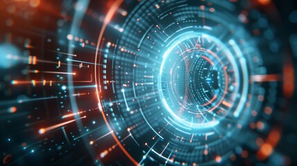 Obraz premium Futuristic digital technology background with glowing circular patterns and dynamic lines, representing data and connectivity.