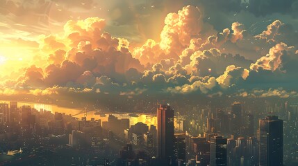 Obraz premium Gorgeous sunset over a sprawling cityscape with vibrant clouds illuminating the dusk sky.