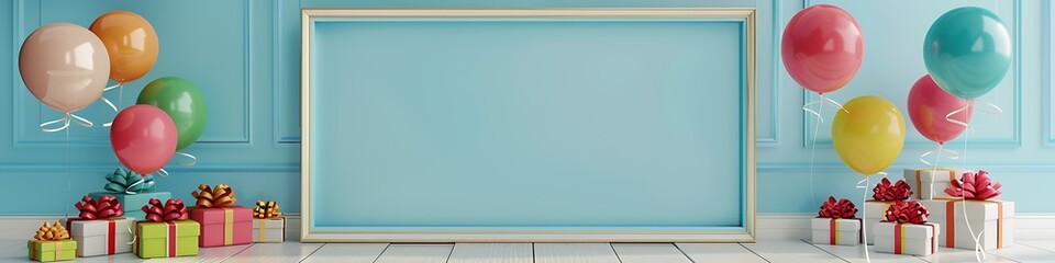 3D rendering of a large photo frame with colorful balloons and gifts on the floor, light blue background, festive setup.
