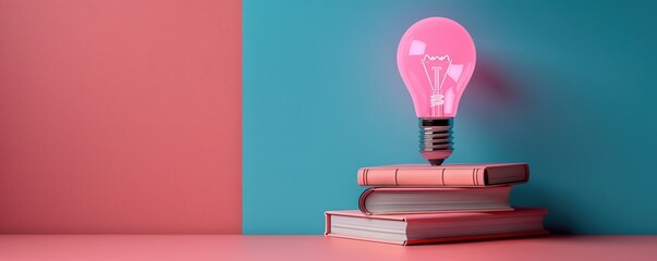 Creative concept with a glowing pink light bulb on stacked books against a split blue and pink background. Innovation and knowledge.