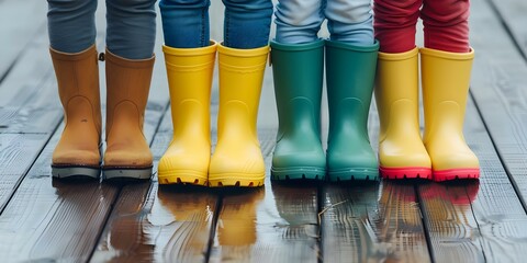 Family rubber boots in a row symbolize shared labor and togetherness. Concept Family, Rubber Boots, Shared Labor, Togetherness, Symbolism