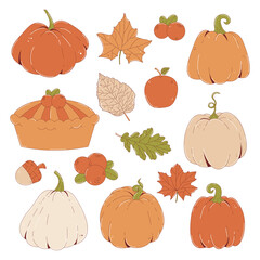 Happy Thanksgiving day set. Autumn leaves, pumpkins, pie, apple, cranberry and acorn. Flat vector illustration isolated on transparent background