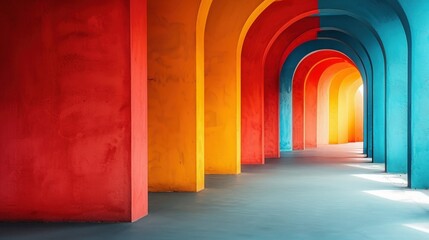 Vibrant multicolored arched hallway with red, yellow, and blue walls creating a visually striking and modern architectural design.