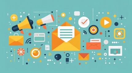 Flat design illustration of a targeted email marketing campaign. The image includes an email inbox with a promotional email highlighted, surrounded by marketing icons like envelopes and click-through