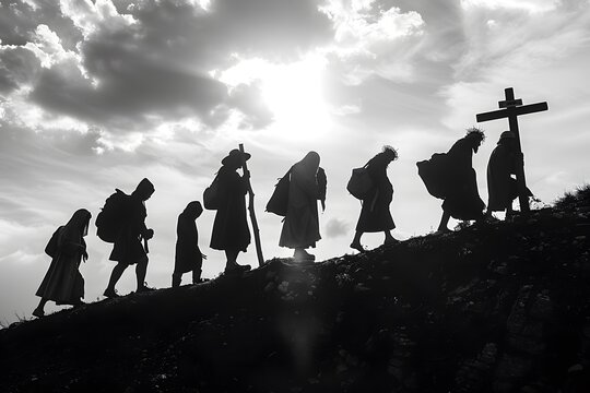 Silhouette of a group of pilgrims walking uphill carrying large crosses on a cloudy day.
