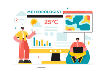 Meteorologist Vector Illustration with Weather Forecast and Atmospheric Precipitation Map in a Flat Style Cartoon Background Design