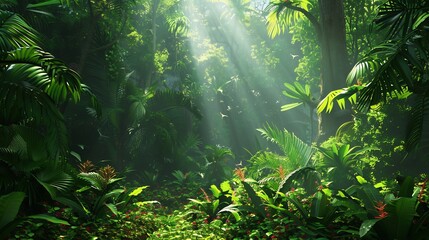 Sunlight Filtering Through Lush Tropical Jungle