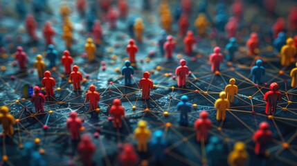 A network of colorful human figures connected by lines, symbolizing communication, collaboration, and social connections in a digital world.